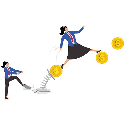 The businesswoman stood on the rolling gold coins and rolled and hit the obstacles to get faster forward speed and fly to the sky. The external force makes the production efficiency and work efficiency faster and higher