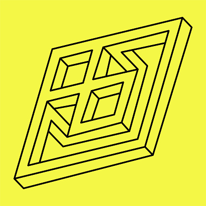 Impossible shape. Penrose optical illusion. Abstract infinite geometric object. Impossible eternal figure. Isolated on a yellow background. Vector illustration. Optical art.