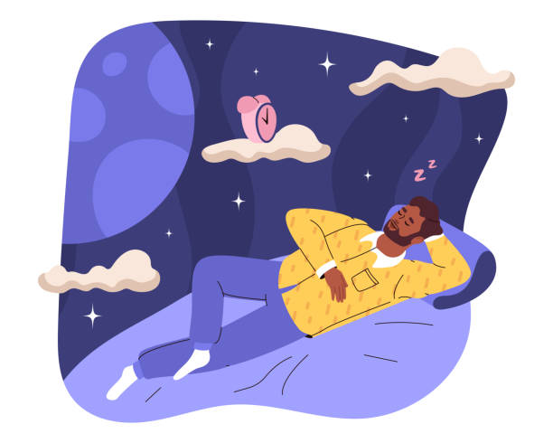 istock Adult man sleeps with his arm behind his head. Alarm clock floats in clouds above sleeping man. Concept of healthy sleep, dreams. Vector flat illustration. 2137736807