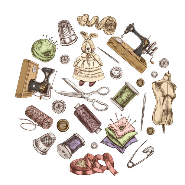 Vintage set of hand drawn colored sewing icons. Elements in a circle. Vector illustrations in sketch style. Handmade, sewing equipment concept in vintage doodle style. Engraving style.