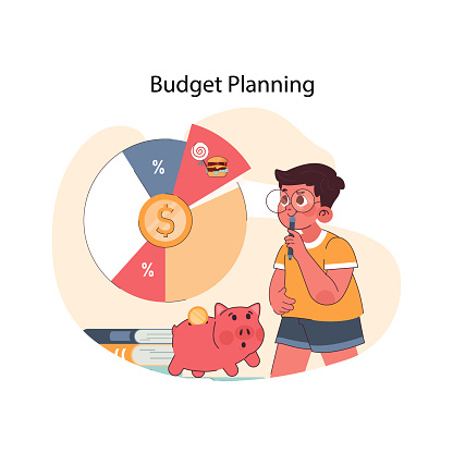 Budget Planning concept. Curious child with magnifying glass analyzing finance pie chart. Early education on spending and saving. Responsible money management from a young age. vector illustration