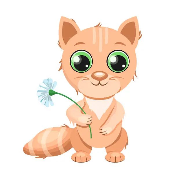 Vector illustration of A cartoon cat with green eyes and red fur holds a daisy flower in its paws.Vector illustration for children’s textiles, cards.