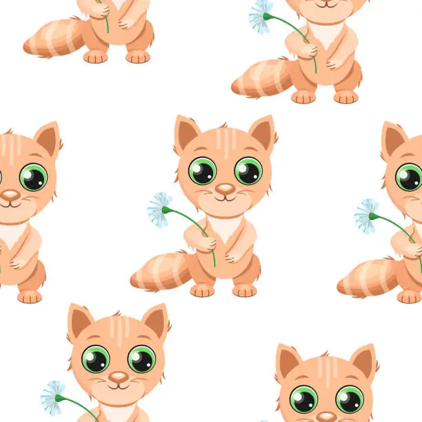 Vector illustration of Seamless pattern red cartoon kitten with a flower on a white background.Vector pattern for children's textiles, cards.