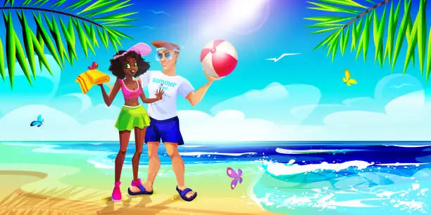 Vector illustration of Summer holiday concept in cartoon style. A young couple, a man and a woman, are holding beach accessories against the backdrop of a tropical seascape. Stylish vector illustration.