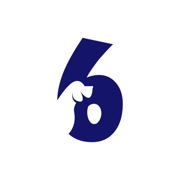 Vector illustration of Number six with a negative space dog logo