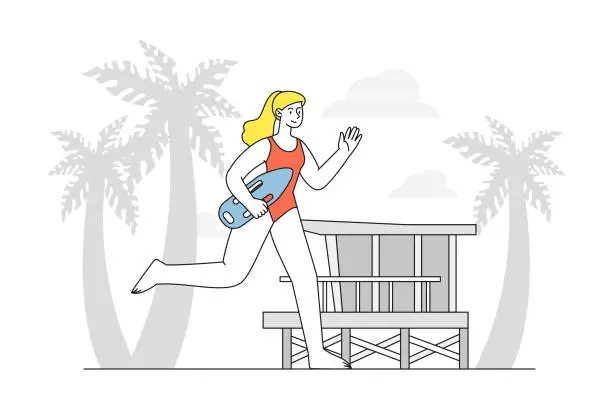 Vector illustration of Lifeguard woman on beach vector linear