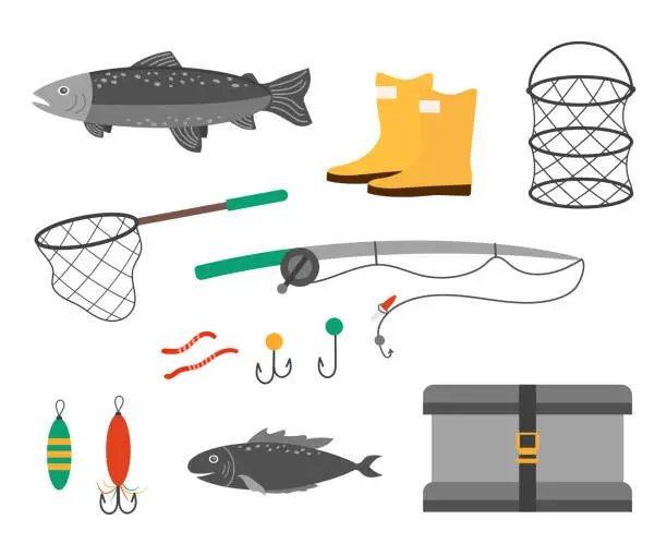 Vector illustration of Set of equipment for fishing. Vector illustration of Fishing elements and fish.