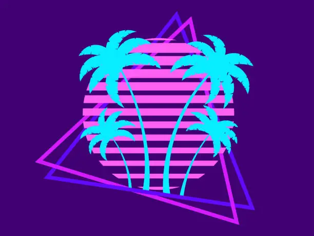 Vector illustration of 80s retro sci-fi palm trees on a sunset. Retro futuristic sun with palm trees in a triangular frame. Synthwave style. Design for advertising brochures, banners and posters. Vector illustration