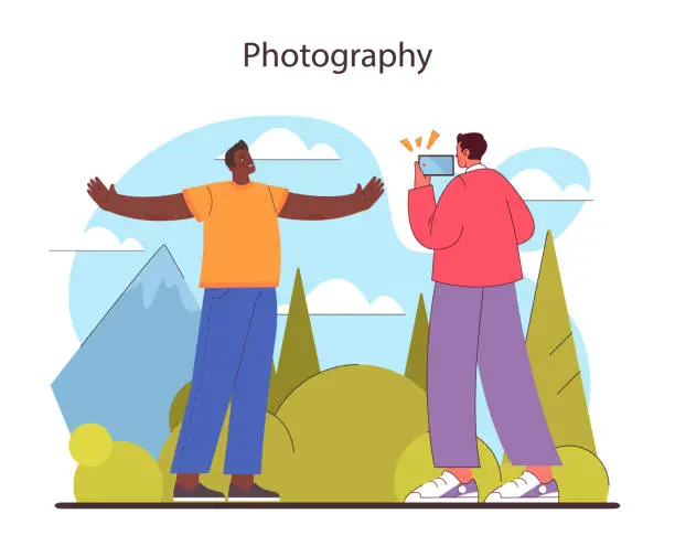 Vector illustration of Photography concept. A cheerful moment as one friend captures another's joy in nature.