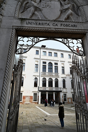 Venice, Italy, march 12, 2024 : Entrance to Ca' Foscari University of Venice