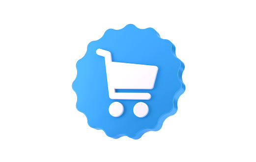 Blue Label And Shopping Cart. 3D Template Concept.