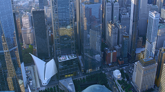 New York / U.S. - July 14, 2023:Aerial view of financial buildings in New York City, New York State, USA.
