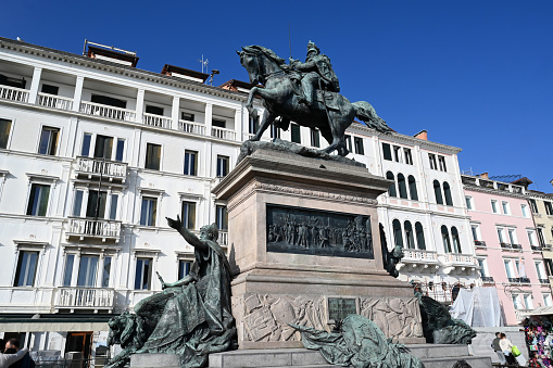 Venice, Italy, march 12, 2024 : Statue of Victor Emmanuel II made by Ettore Ferrari located on Riva des Schiavoni