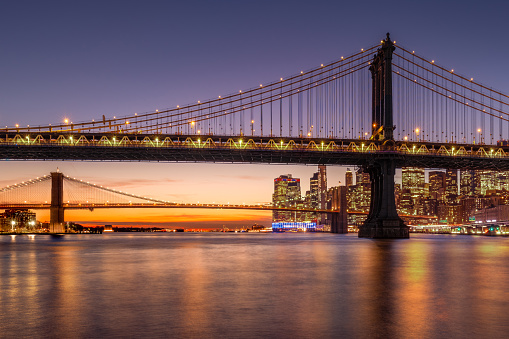 Manhattan Bridge and Brooklyn Bridge. Lower Manhattan, New York City