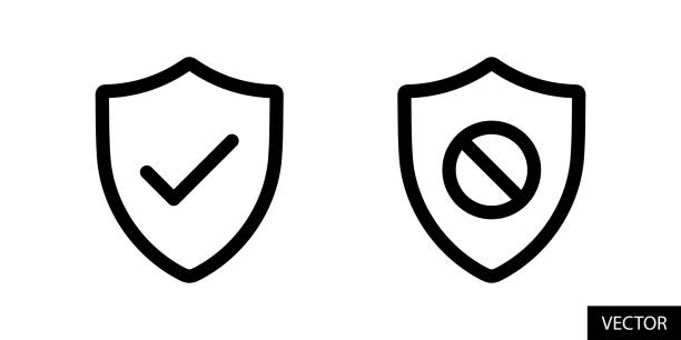 značka zaškrtnutí štítu, symbol zaškrtnutí, štít se znakem bloku, vektorové ikony omezujícího štítu v designu stylu čáry izolované na bílém pozadí. upravitelný tah. - obranné gesto gesto stock ilustrace