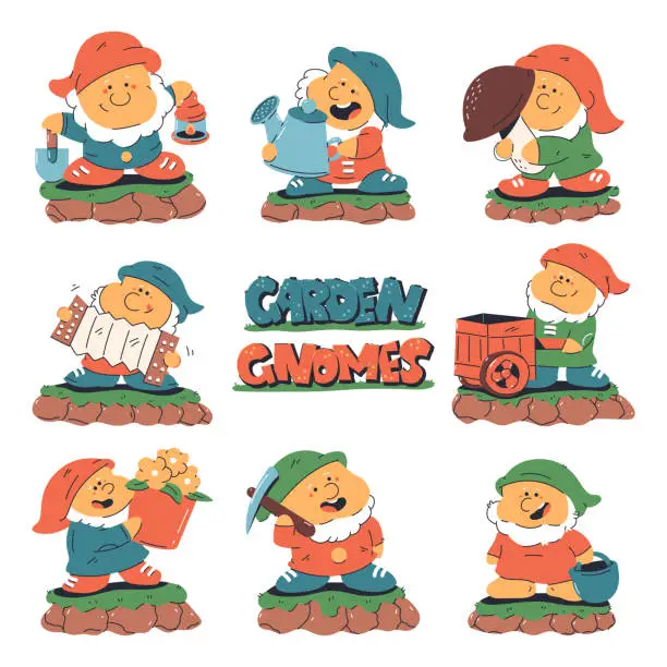 Vector illustration of Cute garden gnomes vector cartoon characters set isolated on a white background.