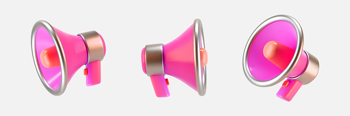 3d pink megaphone icons set isolated on gray background. Render of loudspeaker for announce attention, promotion, hiring, sale and marketing concept. Render 3d cartoon simple vector illustration.