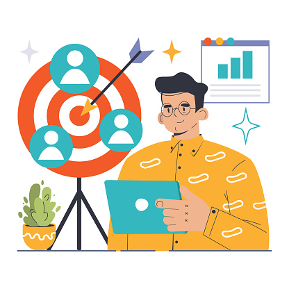 Target Audience concept. Man with tablet beside a dartboard, zeroing in on specific user groups. Digital marketing, precise reach, audience metrics. Bold color scheme. Flat vector illustration