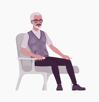 Retired old active senior man, elderly pensioner armchair sitting pose