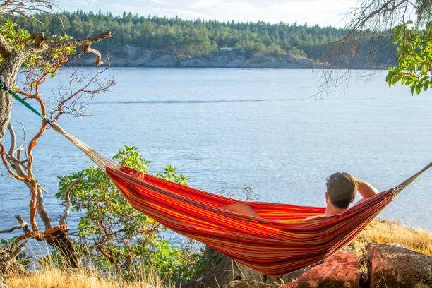 istock Young man relaxes in hammock above ocean 2137915644