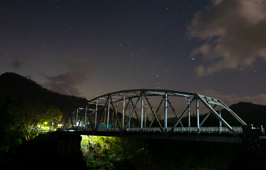 Fantastic scenery where the silence of the night and the starry sky harmonize with the railway bridge.