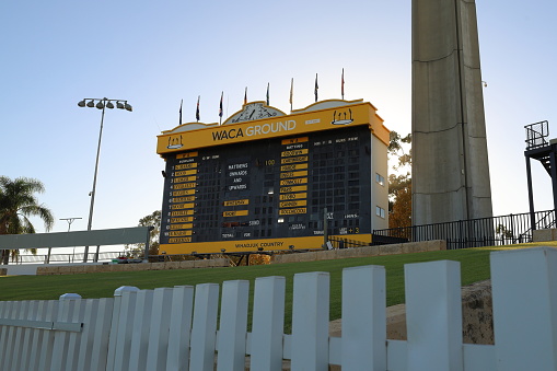 Cricket scoreboard at the Western Australian Cricket Association (WACA) ground, Perth, Western Australia.  Early morning.