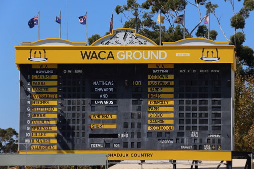Cricket scoreboard at the Western Australian Cricket Association (WACA) ground, Perth, Western Australia. Famous player names.