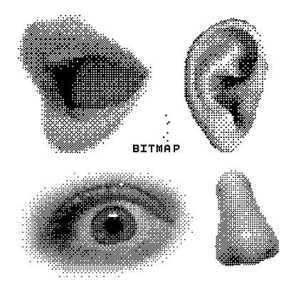 Square Pixels Y2K female face parts - eye, ear , nose and mouth. Set of trendy different bitmap graphic elements. Retro futuristic clip art shapes for collage retro design. 8 bit. Vector illustration