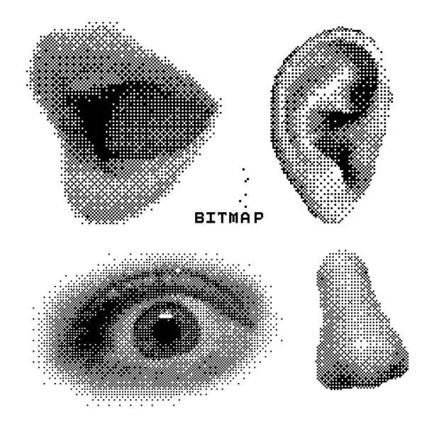 Vector illustration of Square Pixels Y2K female face parts - eye, ear , nose and mouth. Set of trendy different bitmap graphic elements. Retro futuristic clip art shapes for collage retro design. 8 bit. Vector illustration.