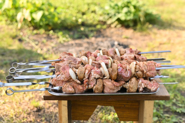 istock meat for barbecue. raw pork on skewers 2137963122