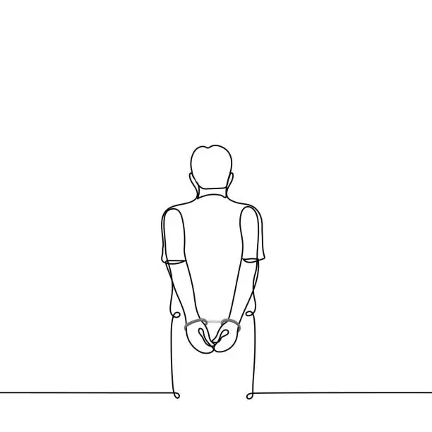 Vector illustration of man stands with his back to the viewer in handcuffs behind his back - one line drawing vector. concept prisoner, hostage, arrested