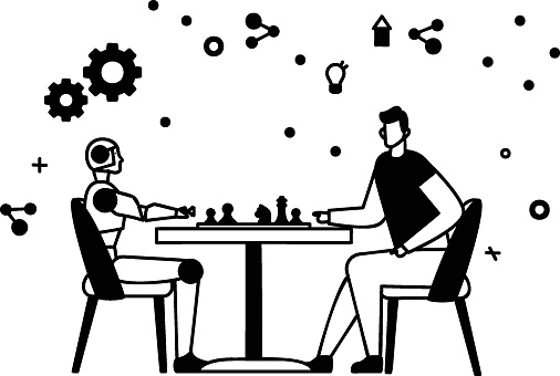 Humanoid robot playing chess with human concept, AI and Automation vector icon design, robotic science symbol, special purpose machine sign, Cyborg stock illustration
