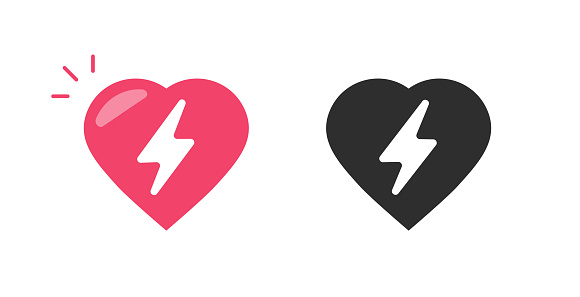 Heart with lightning bolt energy icon simple vector graphic pictogram, red black white electric thunder battery life symbol sign illustration set, super power love shock image, cardiac load caution