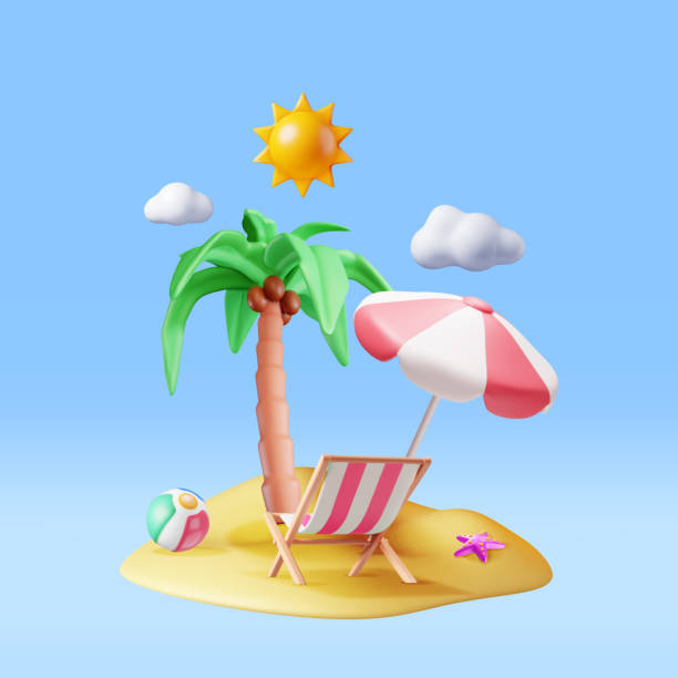 illustrations, cliparts, dessins animés et icônes de 3d deck chair, swim ball, starfish and palm tree. - beach tropical climate palm tree deck chair