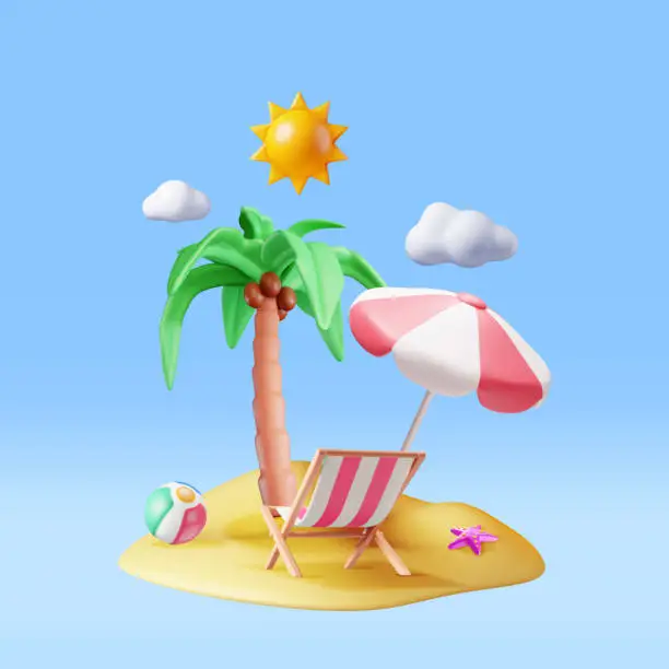 Vector illustration of 3D Deck Chair, Swim Ball, Starfish and Palm Tree.