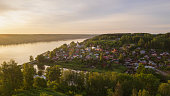 Aerial drone view of ancient russian town Ples with Church of the Ressurection on the Volga river.