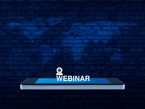 Webinar flat icon on modern smart mobile phone screen over world map and computer binary code blue background, Business seminar online concept, Elements of this image furnished by NASA