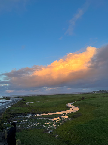 A large piece of cloud reflects the golden sunset. There are flooded green lawns by heavy rainfall on the ground which forms a little stream.