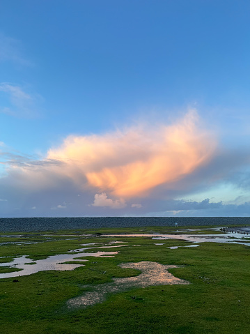 A large piece of cloud reflects the golden sunset. There are flooded green lawns by heavy rainfall on the ground which forms a little stream.