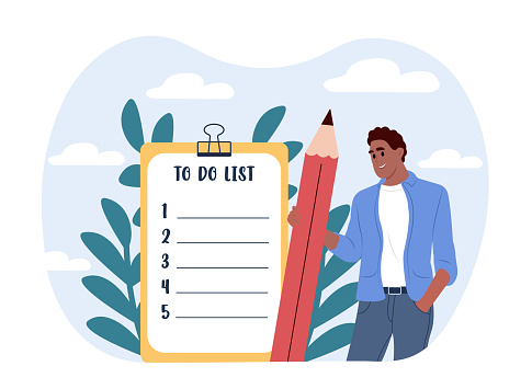 Man standing beside giant check list and holding pen. Concept of monthly planning, to-do list, time management, successful completion of tasks, effective daily planning