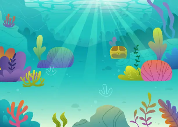 Vector illustration of Cartoon seascape background with colorful algae. Tropical vector seabed. Bright underwater view.