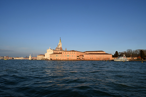 Venice, Italy, march 12, 2024 : Campanile and Basilica of San Giorgio Maggiore in Venice
