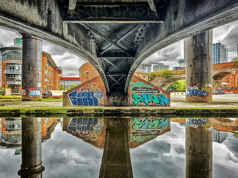 View of Castlefield, in the centre of Manchester, UK.  A bridge can be seen over the canal.  There are no people in the photograph.