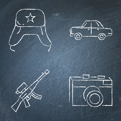 USSR symbols chalkboard icon set. Ushanka hat, Soviet camera, Volga car and Kalashnikov rifle. Vector illustration.