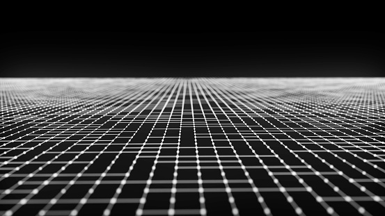 Abstract checkered background. Futuristic dots pattern on dark background. Big Data visualization. Checkered field of glowing particles. 3d rendering.