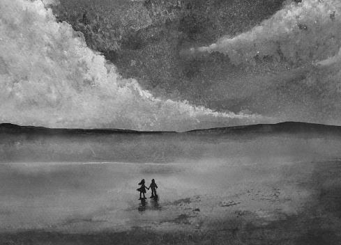 watercolor painting silhouette landscape romantic night sea couple in love holding hands looking the sky.