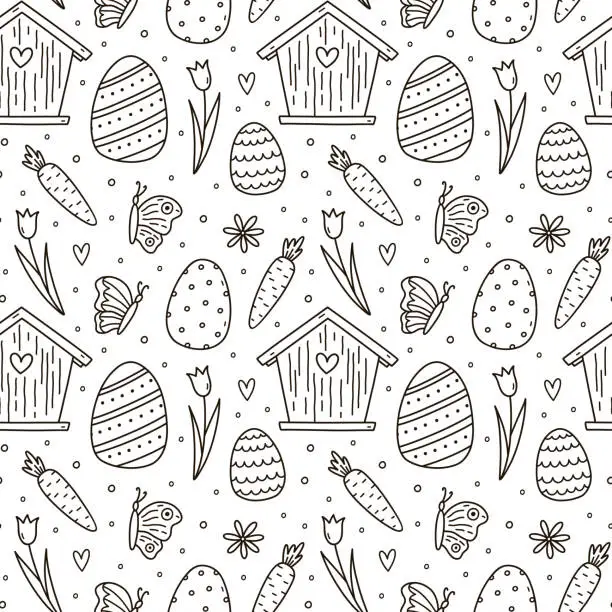 Vector illustration of Cute seamless pattern with Easter eggs, butterflies, birdhouses, carrots and flowers. Vector hand-drawn doodle illustration. Perfect for holiday designs, print, decorations, wrapping paper, wallpaper.
