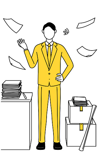 Simple line drawing illustration of a businessman in a suit who is fed up with his unorganized business.