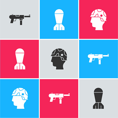 Set Submachine gun M3, Aviation bomb and Army soldier icon. Vector.