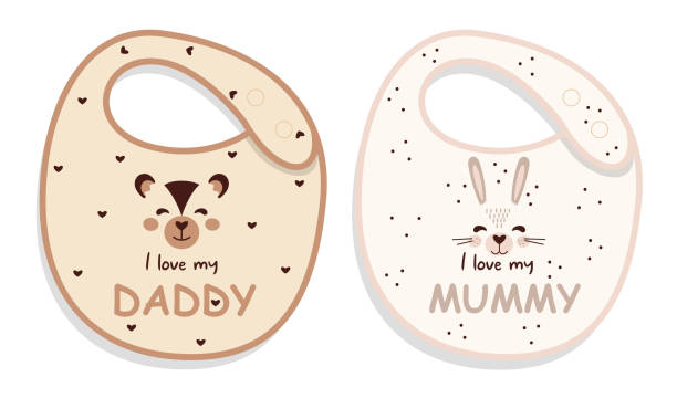 istock Vector Baby feeding bib with cute cartoon bunny and teddy bear stickers Flat style 2138082330
